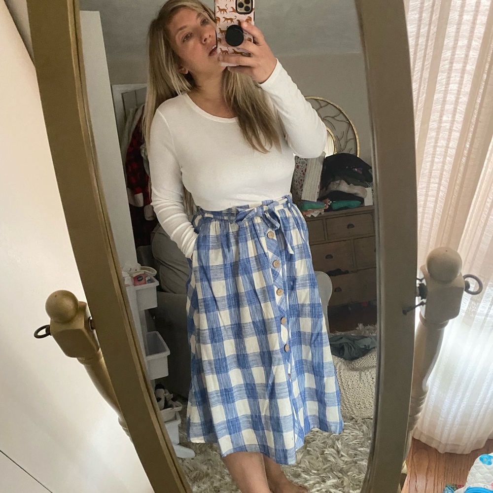 Blue gingham midi skirt